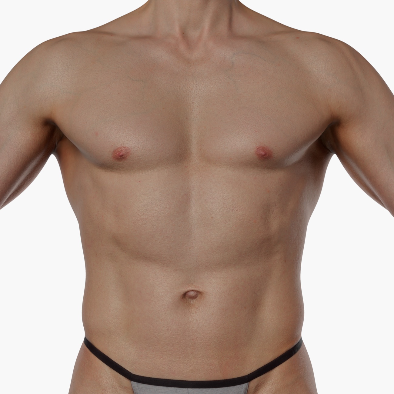 Zoomed torso render of a lean athletic male 3D body scan with defined abdominal and chest musculature detail